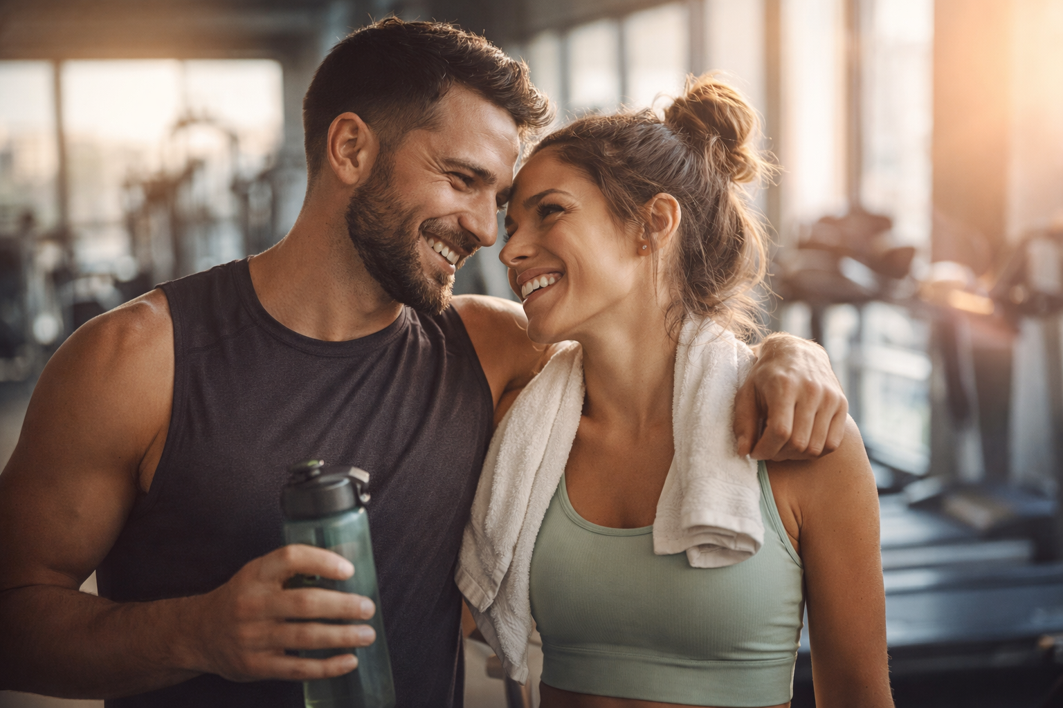 Smiling couple in a gym after workout, representing sustainable fitness, healthy lifestyle, and real-life wellness habits
